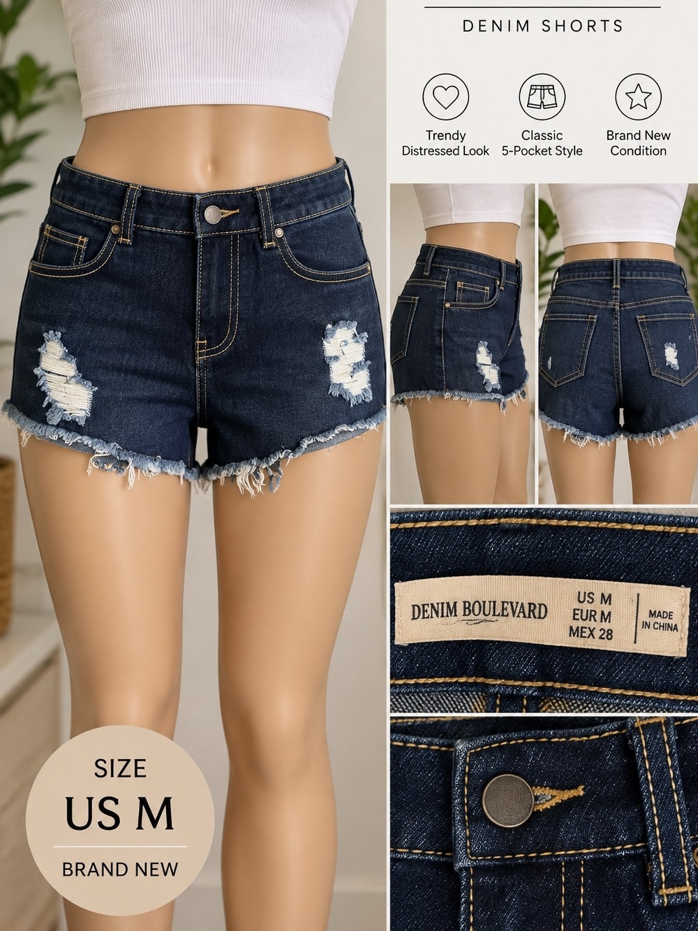 Denim Boulevard Dark Wash Distressed Jean Shorts - Frayed Hem